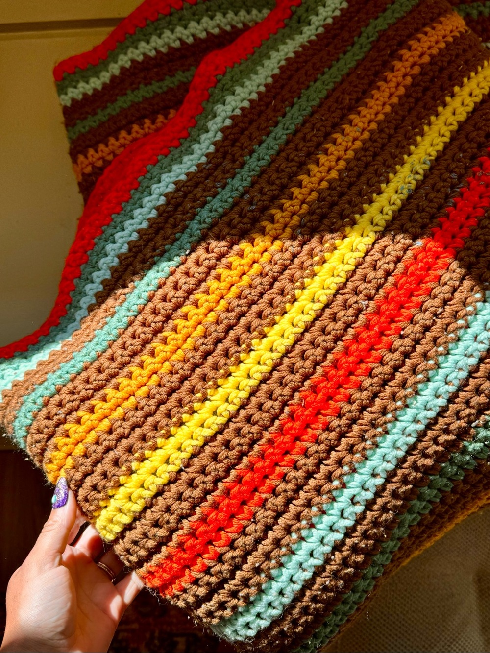 Handmade Brown Multicolor Striped Crochet Throw Blanket